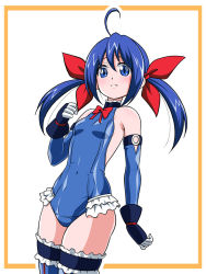 Rule 34 | 1girl, black gloves, black ribbon, blue eyes, blue hair, blue leotard, blue thighhighs, bow, bowtie, breasts, cosplay, dead or alive, dead or alive 5, detached sleeves, fatal fury, fingerless gloves, frilled leotard, frilled one-piece swimsuit, frilled sleeves, frilled thighhighs, frills, futaba hotaru, garou: mark of the wolves, gloves, inferno (nanbu14), leotard, long hair, marie rose, marie rose (cosplay), one-piece swimsuit, red bow, red bowtie, red ribbon, ribbon, small breasts, solo, thighhighs, twintails