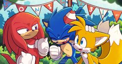Rule 34 | 3boys, 6+others, animal ears, animal nose, blue eyes, commentary, english commentary, fox boy, fox ears, fox tail, furry, furry male, gloves, green eyes, happy birthday, hat, highres, killukaela, knuckles the echidna, male focus, multiple boys, multiple others, multiple tails, open mouth, outdoors, party hat, purple eyes, shaded face, smile, sonic (series), sonic the hedgehog, tail, tails (sonic), white gloves