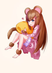 Rule 34 | 1girl, absurdres, animal ears, bell orgel, blue eyes, blush, brown hair, dormouse (monster girl encyclopedia), full body, fur, hair ornament, hairclip, heart, highres, long sleeves, looking at viewer, monster girl, monster girl encyclopedia, mouse ears, mouse girl, mouse tail, hugging object, open mouth, pajamas, pillow, pillow hug, simple background, solo, tail