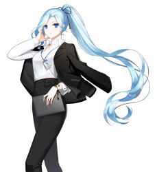 Rule 34 | 1girl, adjusting hair, bag, belt, belt bow, black bag, black belt, black bow, black jacket, black pants, black ribbon, blue eyes, blue hair, bow, business suit, closed mouth, closers, collared shirt, cowboy shot, dress shirt, floating hair, formal, hair ribbon, hand in own hair, hand up, highres, holding, holding bag, id card, jacket, jacket on shoulders, lanyard, light blue hair, long hair, long sleeves, looking at viewer, office lady, official art, pant suit, pants, ponytail, ribbon, shirt, shirt tucked in, solo, suit, suit jacket, very long hair, violet (closers), walking, watch, white background, white shirt, women&#039;s wallet, wristwatch