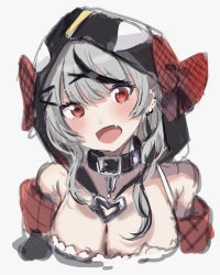 Rule 34 | 1girl, :d, bad id, bad pixiv id, bare shoulders, black collar, black hair, blush, bow, breasts, camisole, cleavage, collar, commentary request, cropped torso, fang, grey background, grey hair, hair bow, hair ornament, hairclip, head tilt, heart, highres, hololive, kayanogura, looking at viewer, medium breasts, multicolored hair, open mouth, red bow, red eyes, sakamata chloe, simple background, smile, solo, streaked hair, upper body, virtual youtuber, white camisole, x hair ornament