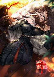 Rule 34 | 1girl, absurdres, bare shoulders, black dress, blush, book, box, braid, breasts, brown eyes, brown hair, commentary request, covering own mouth, dress, fate/grand order, fate (series), gift, gift box, glasses, hane yuki, highres, huge filesize, large breasts, legs up, long hair, long sleeves, looking at viewer, low-tied long hair, lying, on back, open book, revision, ribbed dress, shawl, single braid, solo, sun, sunlight, valentine, very long hair, yu mei-ren (beautiful dreamer) (fate), yu mei-ren (fate)