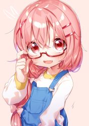 Rule 34 | 10s, 1girl, blush, bow, comic girls, commentary request, fang, glasses, hair between eyes, hair bow, hair ornament, hairclip, long hair, moeta kaoruko, open mouth, overalls, pink hair, red eyes, solo, sweatdrop, tousaki shiina, upper body, x hair ornament