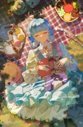 Rule 34 | 1girl, absurdres, apple, ayaka (genshin impact), back bow, blue bow, blue dress, blue hair, blunt bangs, book, bow, braid, brown hat, butterfly hair ornament, closed eyes, closed mouth, collar, commentary, cup, dress, flower, food, fruit, fruit basket, genshin impact, grapes, grass, gun, hair ornament, hair up, hat, hat flower, hat ribbon, highres, holding, holding book, kamisato ayaka, kamisato ayaka (springbloom missive), light blue hair, long sleeves, lying, macaron, mole, mole under eye, official alternate costume, official alternate hairstyle, on back, outdoors, pear, pink ribbon, ribbon, smile, solo, teacup, teapot, tsbkii 289, unworn hat, unworn headwear, weapon, white collar, white ribbon