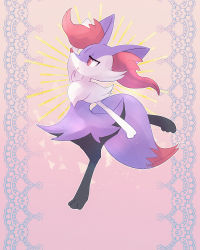 Rule 34 | 1girl, absurdres, alternate color, animal ear fluff, animal ears, animal feet, animal hands, animal nose, arm up, artist name, black fur, body fur, braixen, creatures (company), female focus, flat chest, fox ears, fox girl, fox tail, from side, furry, furry female, game freak, gen 6 pokemon, gradient background, half-closed eyes, highres, kiri leonotis, leg up, neck fur, nintendo, open mouth, outline, pokemon, pokemon (creature), purple fur, red eyes, shiny pokemon, signature, snout, solo, standing, standing on one leg, tail, white fur, white outline