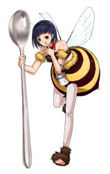 Rule 34 | 1girl, antennae, arthropod girl, bee girl, blue hair, boots, hanamo, holding, holding spoon, insect girl, mini person, minigirl, monster girl, original, pantyhose, running, short hair, simple background, solo, spoon, striped, white background, wings