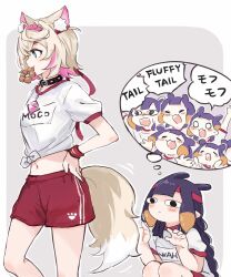 Rule 34 | &lt;o&gt; &lt;o&gt;, 2girls, :3, alternate hairstyle, animal ear fluff, animal ears, blue eyes, blunt bangs, blush, collar, commentary, dog ears, dog girl, dog tail, doughnut, food, food in mouth, from side, grey background, gym shorts, gym uniform, hands on own hips, headband, hololive, hololive english, long hair, looking to the side, midriff, mococo abyssgard, multiple girls, navel, ninomae ina&#039;nis, o o, pointy ears, pon de ring, purple hair, red headband, short hair, shorts, squatting, symbol-only commentary, tail, tentacle hair, thought bubble, two-tone background, virtual youtuber, white background, wristband, yuuyu (777)