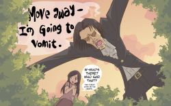 Rule 34 | 1boy, 1girl, black hair, comic, commentary, english text, forest, giant, john su, long hair, nature, open mouth, sky, vomit, what