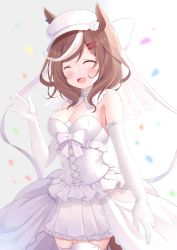Rule 34 | 1girl, absurdres, animal ears, arm at side, bare shoulders, breasts, brown hair, cleavage, closed eyes, confetti, cowboy shot, detached collar, dress, elbow gloves, frills, garter straps, gloves, hair ornament, hairclip, hat, highres, horse ears, horse girl, horse tail, kurashina yuzuki, matikane tannhauser (umamusume), medium breasts, medium hair, open mouth, short dress, simple background, smile, solo, strapless, strapless dress, swept bangs, tail, thighhighs, umamusume, underbust, waving, wedding, wedding dress, white gloves, white thighhighs, zettai ryouiki