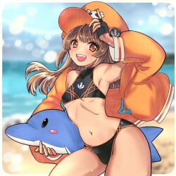 Rule 34 | 1girl, anchor symbol, armpits, bare shoulders, beach, black gloves, breasts, brown eyes, brown hair, cabbie hat, fingerless gloves, gloves, guilty gear, guilty gear strive, hat, highres, jacket, may (guilty gear), midriff, navel, ocean, open mouth, orange hat, orange jacket, skull and crossbones, small breasts, smile, solo, stomach, stuffed animal, stuffed toy, swimsuit, tano t, thighs, underboob, wet