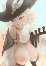 Rule 34 | 1girl, animal ears, aqua eyes, bard, detached sleeves, covered erect nipples, feathers, final fantasy, final fantasy xiv, gray bear, harp, hat, instrument, lactation, looking at viewer, miqo&#039;te, nipples, one breast out, puffy nipples, short hair, slit pupils, smile, solo, white hair