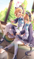 Rule 34 | 1other, 2girls, absurdres, animal ear headphones, animal ears, apron, black dress, black footwear, blonde hair, blue archive, blush, cat tail, dress, fake animal ears, fingernails, frilled apron, frilled dress, frills, green eyes, green halo, halo, headphones, highres, long sleeves, maid, maid apron, maid headdress, midori (blue archive), midori (maid) (blue archive), momoi (blue archive), momoi (maid) (blue archive), multiple girls, norimori, official alternate costume, one eye closed, open mouth, pink halo, red eyes, shoes, short hair, siblings, sisters, sitting, smile, tail, thighhighs, twins, v, white apron, white thighhighs