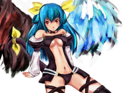 Rule 34 | 1girl, arc system works, asymmetrical wings, blue hair, bow, breasts, dizzy (guilty gear), guilty gear, hair bow, jyairo, long hair, midriff, navel, red eyes, ribbon, sitting, solo, tail, tail ornament, tail ribbon, thighhighs, underboob, wings