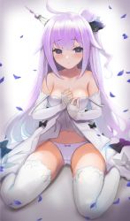 Rule 34 | 1girl, azur lane, cameltoe, commentary request, dress, elbow gloves, gloves, hair ornament, hair ribbon, highres, long hair, looking at viewer, nanam (nanam sk), panties, petals, purple eyes, ribbon, skirt hold, solo, thighhighs, underwear, unicorn (azur lane), very long hair, white dress, white panties, white thighhighs