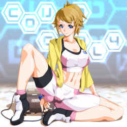 Rule 34 | 1girl, ankle socks, bike shorts, black footwear, blue background, blue eyes, breasts, brown hair, cable, cameltoe, cleavage, closed mouth, collarbone, commentary request, covered erect nipples, full body, gundam, gundam build fighters, gundam build fighters try, hair ornament, hair scrunchie, hexagon, holding, holding cable, hood, hood down, hooded jacket, hoshino fumina, jacket, knee up, large breasts, long sleeves, looking at viewer, machine, midriff, navel, open clothes, open jacket, pink socks, ponytail, qkat (arikawa-dou), scrunchie, shadow, shoes, sidelocks, sitting, smile, socks, solo, sports bra, taut clothes, toned, two-tone footwear, two-tone sports bra, white footwear, yellow jacket, yellow scrunchie