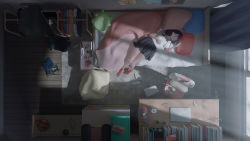 Rule 34 | 1girl, absurdres, bed, bedroom, black hair, blue eyes, blue theme, chenjinhuang8, computer, electric fan, gridman universe, headphones, highres, lamp, laptop, legs, muted color, perspective, phone, red legwear, room, roomscape, scenery, skirt, socks, ssss.gridman, takarada rikka