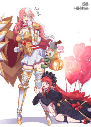 Rule 34 | 2girls, armor, armored dress, balloon, dungeon and fighter, enchantress (dungeon and fighter), heart balloon, holding leg, kasy, knight (dungeon and fighter), lolita fashion, long hair, looking down, mage (dungeon and fighter), multiple girls, pink hair, red hair, shield, surprised, white background