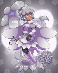 Rule 34 | 1girl, absurdres, artist name, bad id, bad tumblr id, black gloves, boots, cape, dark-skinned female, dark skin, emily thorn, flower, full body, gloves, grey background, grey cape, grey eyes, grey hair, hair ornament, highres, knee boots, looking to the side, partially fingerless gloves, sleepless domain, slingshot (weapon), solo, standing, standing on one leg, white footwear, zoe bletcher