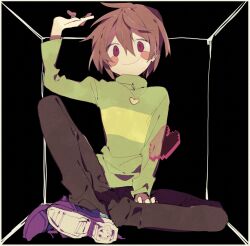 Rule 34 | 1other, animification, arm up, black background, brown hair, brown pants, chara (undertale), closed mouth, green sweater, hair between eyes, heart, heart necklace, higa423, jewelry, long sleeves, looking at viewer, necklace, pants, purple eyes, shoes, short hair, simple background, single stripe, sitting, smile, sneakers, solo, striped clothes, striped sweater, sweater, turtleneck, turtleneck sweater, undertale, white footwear