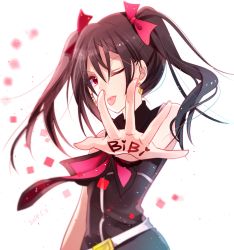 Rule 34 | 10s, 1girl, ;p, black hair, blurry, bow, dated, depth of field, earrings, foreshortening, hair bow, heart, heart earrings, jewelry, love live!, love live! school idol project, one eye closed, outstretched hand, red eyes, shirt, short hair, sleeveless, sleeveless shirt, solo, tongue, tongue out, twintails, white background, yazawa nico, yukinokoe