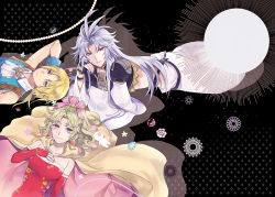 Rule 34 | 1girl, bare shoulders, black background, blonde hair, blue eyes, breasts, brothers, cape, closed mouth, commentary request, detached sleeves, dissidia final fantasy, dress, earrings, elbow gloves, final fantasy, final fantasy vi, gloves, jewelry, kuja, long hair, looking at viewer, multiple boys, ponytail, ribbon, siblings, smile, tina branford, zidane tribal