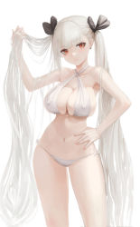 Rule 34 | 1girl, absurdres, azur lane, bare shoulders, bikini, blush, breasts, cleavage, collarbone, criss-cross halter, dolri, formidable (azur lane), hair ribbon, halterneck, hand in own hair, highres, large breasts, long hair, looking at viewer, navel, red eyes, ribbon, silver hair, smile, solo, swimsuit, thighs, twintails, very long hair, white bikini