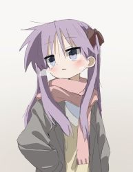 Rule 34 | 1girl, arms at sides, blue eyes, blush, bow, breath, brown bow, brown jacket, hair between eyes, hair bow, hair over shoulder, hand in pocket, hiiragi kagami, jacket, konokawa, light purple hair, long hair, long sleeves, looking to the side, lucky star, open mouth, pink scarf, scarf, shirt, simple background, solo, steam, straight hair, tsurime, twintails, upper body, white background, yellow shirt