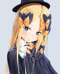 Rule 34 | 1girl, abigail williams (fate), absurdres, black bow, black dress, blonde hair, blush, bow, breasts, closed mouth, dress, fate/grand order, fate (series), forehead, hat, highres, long hair, looking at viewer, multiple bows, orange bow, parted bangs, polka dot, polka dot bow, ribbed dress, sakazakinchan, simple background, sleeves past wrists, small breasts, smile, solo, witch hat