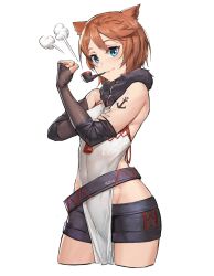 Rule 34 | 1girl, animal ears, belt, black gloves, blue eyes, breasts, brown hair, contrapposto, covered navel, cowboy shot, elbow gloves, fingerless gloves, gloves, highres, laffey (warship girls r), looking at viewer, pandea work, pelvic curtain, smoking pipe, pipe in mouth, popeye the sailor, short hair, short shorts, shorts, simple background, small breasts, smile, solo, tattoo, warship girls r, weibo watermark, white background