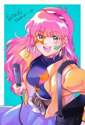 Rule 34 | 1girl, bag, belt, blue eyes, blue skirt, character request, facepaint, hairband, handbag, highres, holding, holding microphone, makaron611, microphone, open mouth, pink hair, shippu! iron leaguer, shirt tucked in, skirt, smile, solo, star (symbol)