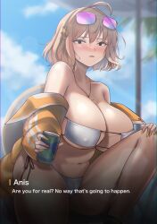 Rule 34 | 1girl, ahoge, anis (nikke), anis (sparkling summer) (nikke), bare shoulders, beach umbrella, between breasts, bikini, black eyes, black socks, blurry, blurry background, blush, breasts, cameltoe, can, cat hair ornament, cloud, collarbone, covered erect nipples, day, disgust, eyepatch bikini, eyewear on head, goddess of victory: nikke, grin, hair ornament, highres, holding, holding can, huge breasts, jacket, jewelry, knee up, large breasts, light brown hair, long sleeves, looking at viewer, nail polish, navel, necklace, open clothes, open jacket, outdoors, palm leaf, pink-tinted eyewear, short hair, side-tie bikini bottom, sitting, smile, socks, solo, string bikini, sunglasses, sweat, swimsuit, thick thighs, thighs, tinnies, tinted eyewear, twitter username, umbrella, underboob, white bikini, wide hips, yellow nails