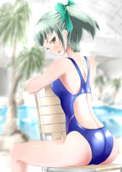 Rule 34 | 10s, 1girl, ass, back cutout, bad id, bad pixiv id, brown eyes, clothing cutout, competition swimsuit, from behind, green hair, houming, kantai collection, looking at viewer, one-piece swimsuit, original, ponytail, short hair, sitting, swimsuit, yuubari (kancolle)