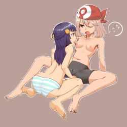 Rule 34 | 00s, 2girls, arm support, ass, back, bad id, bad pixiv id, bandana, barefoot, bent over, bike shorts, black shorts, blue hair, breasts, breasts apart, brown eyes, brown hair, cameltoe, cleft of venus, collarbone, creatures (company), dawn (pokemon), drooling, feet, from behind, full body, game freak, hair ornament, hat, japanese text, latex, leaning forward, licking, licking breast, looking at another, may (pokemon), multiple girls, nintendo, nipples, nyonn24, one eye closed, open mouth, panties, pokemon, pokemon dppt, pokemon rse, red bandana, seiza, shorts, sitting, small breasts, soles, speech bubble, spread legs, striped clothes, striped panties, thighs, toes, tongue, tongue out, topless, underwear, yuri