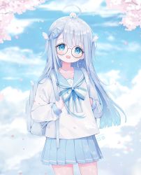 Rule 34 | 1girl, :d, ahoge, amatsuka uto, backpack, bag, black-framed eyewear, blue eyes, blue sailor collar, blue skirt, blue sky, blush, bow, cloud, cloudy sky, day, deyui, glasses, hair ornament, hairclip, highres, holding strap, indie virtual youtuber, long hair, long sleeves, looking at viewer, open mouth, outdoors, petals, pleated skirt, puffy long sleeves, puffy sleeves, round eyewear, sailor collar, school uniform, serafuku, shirt, silver hair, skirt, sky, sleeves past wrists, smile, solo, striped, striped bow, teeth, two side up, upper teeth only, very long hair, virtual youtuber, white shirt, wing hair ornament