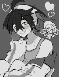 Rule 34 | 2boys, ahoge, black hair, blush, clenched teeth, collarbone, creatures (company), cropped torso, crossed bangs, florian (pokemon), game freak, gloves, grey background, greyscale, hair between eyes, hair over one eye, hairband, half-closed eyes, hand on own cheek, hand on own face, hat, highres, jacket, kieran (pokemon), legs together, long sleeves, looking at viewer, male focus, mole, mole on neck, monochrome, multiple boys, necktie, nintendo, off shoulder, open mouth, parted lips, pokemon, pokemon sv, short hair, simple background, single glove, sitting, smile, spot color, sweat, sweatdrop, tank top, teeth, yataba