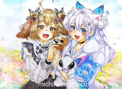 Rule 34 | 2girls, ahoge, animal, animal ears, arms up, biscuit (nikke), black choker, black dress, blue eyes, blush, bone hair ornament, bow, bowtie, breasts, bug, butterfly, butterfly hair ornament, checkered bow, checkered bowtie, checkered clothes, chihuahua, choker, clothes writing, collared dress, colored pencil (medium), cowboy shot, dog, dog ears, dog girl, dog tail, double bun, dress, dress shirt, fairy wings, fake animal ears, fangs, fur-trimmed jacket, fur-trimmed sleeves, fur collar, fur trim, goddess of victory: nikke, hair between eyes, hair bun, hair ornament, hair ribbon, hairclip, heart, heart hair ornament, highres, holding, holding animal, holding dog, hood, hooded jacket, insect, jacket, leaning forward, light blush, light brown hair, long hair, medium breasts, medium hair, michikusa choco, multiple girls, n102 (miracle fairy) (nikke), n102 (nikke), official alternate costume, open mouth, pom pom (clothes), rainbow gradient, ribbon, scrunchie, shirt, short sleeves, short twintails, signature, smile, snowflake hair ornament, tail, thighs, traditional media, twintails, twitter username, upper body, watch, white hair, white jacket, wings, wrist scrunchie, wristwatch, yellow eyes