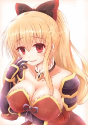 Rule 34 | 1girl, armor, blonde hair, blush, bow, breast lift, breasts, cleavage, detached collar, dress, empty eyes, gauntlets, granblue fantasy, hair bow, highres, kane-neko, large breasts, long hair, pauldrons, ponytail, red dress, red eyes, shoulder armor, sidelocks, smile, solo, upper body, vira (granblue fantasy)