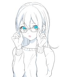 Rule 34 | 1girl, :o, adjusting eyewear, blue eyes, commentary, fingernails, glasses, hair between eyes, hands up, highres, long hair, long sleeves, original, p2 (uxjzz), partially colored, simple background, sketch, solo, sweater, white background