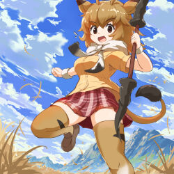 Rule 34 | antelope ears, antelope horns, blush, brown eyes, brown footwear, brown shirt, brown thighhighs, common eland (kemono friends), from below, hair between eyes, kemono friends, koutsuu (koutuukanseikan), light brown hair, loafers, looking at viewer, open mouth, plaid, plaid skirt, pleated skirt, polearm, red skirt, scarf, shirt, shoes, short hair, sidelocks, skirt, smile, spear, standing, standing on one leg, tail, thighhighs, weapon, white scarf, zettai ryouiki