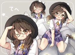 Rule 34 | 1girl, blush, blush stickers, bolo tie, bow, brown footwear, brown hair, closed eyes, collared shirt, dojikko pose, fedora, flying sweatdrops, framed, frown, glasses, grey background, hair between eyes, hand up, hat, hat bow, ipad, laughing, low twintails, miniskirt, multiple views, open mouth, outside border, piyokichi, plaid, plaid skirt, plaid vest, purple skirt, purple vest, red-framed eyewear, semi-rimless eyewear, shirt, shoes, simple background, sitting, skirt, skirt set, tablet pc, thighs, tongue, tongue out, touhou, twintails, under-rim eyewear, upper body, usami sumireko, v-shaped eyebrows, vest, wariza, white legwear, white shirt