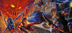 Rule 34 | 1990s (style), 2boys, alien, armor, army, assault rifle, attack, bandana, battle, bill rizer, black hair, blonde hair, body armor, box art, building, cannon, captured, cityscape, claws, clenched teeth, contra, contra iii the alien wars, cropped, damaged, dirty, dog, drill, drone, dutch angle, epic, fangs, firing, flamethrower, flying, game console, gameplay mechanics, glowing, glowing eye, glowing eyes, gun, hanging, helmet, highres, insect wings, jaws, konami, lance bean, machinery, manly, mecha, military, military vehicle, missile pod, motor vehicle, multiple boys, muscular, mutant, official art, perspective, promotional art, realistic, red eyes, red falcon (contra), retro artstyle, rifle, robot, rocket launcher, running, scan, science fiction, shouting, size difference, smoke, soldier, spikes, super nintendo, tank, teeth, tom dubois, traditional media, turret, weapon, wings