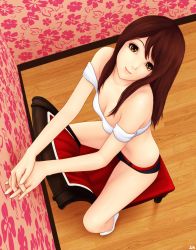 Rule 34 | 1girl, bare shoulders, breasts, brown eyes, brown hair, chair, cleavage, crop top, from above, khalitzburg, looking at viewer, md5 mismatch, medium breasts, midriff, off shoulder, original, short shorts, shorts, signature, sitting, solo, wall, wallpaper, wooden floor, yellow eyes