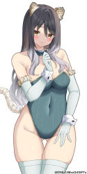 Rule 34 | 1girl, absurdres, animal ears, bare shoulders, black hair, blouse, blush, bow, bowtie, breasts, cleavage, covered navel, elbow gloves, fur trim, gloves, highres, large breasts, leotard, long hair, medium breasts, multicolored hair, playboy bunny, princess connect!, shiori (princess connect!), shirt, solo, tail, thighhighs, two-tone hair, very long hair, white shirt, wrist cuffs, yamano rokamizu, yellow eyes
