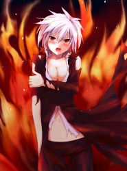 Rule 34 | 1girl, holding another&#039;s arm, blush, breasts, cleavage, fire, genderswap, genderswap (mtf), grune, highres, holding own arm, homura (sekirei), medium breasts, midriff, open mouth, red eyes, sekirei, silver hair, solo, torn clothes
