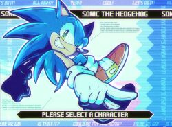 Rule 34 | 1boy, animal ears, animal nose, blue fur, from side, furry, furry male, gloves, green eyes, just icyyy, looking at viewer, looking to the side, red footwear, smirk, solo, sonic (series), sonic rush, sonic the hedgehog, white gloves