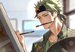 Rule 34 | 1boy, achilles (fate), black headband, blurry, blurry background, buttons, easel, fate/grand order, fate (series), green hair, green shirt, grey shirt, haruakira, headband, highres, holding, holding paintbrush, holding palette, male focus, mouth hold, paint on body, paint on clothes, paint splatter, paint splatter on face, paintbrush, painting (action), palette (object), shirt, short hair, solo, undercut, upper body