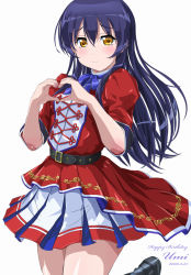 Rule 34 | 1girl, aqours utd, artist name, artist request, bare legs, belt, black belt, blue hair, blue ribbon, blush, bow, collared shirt, dress, female focus, hair between eyes, hair bow, hair ornament, heart, heart hands, highres, long hair, looking at viewer, love live!, love live! school idol festival, love live! school idol project, nail polish, nails, neck ribbon, parted lips, pink nails, red dress, red skirt, ribbon, shirt, shoes, short sleeves, skirt, smile, solo, sonoda umi, standing, standing on one leg, white background, yellow eyes
