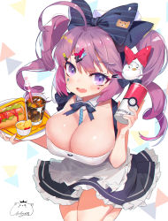 Rule 34 | 1girl, ahoge, blush, breasts, character request, cleavage, collarbone, detached collar, dress, facial mark, fang, frills, highres, jiujiuyatou (yayanzz), large breasts, long hair, purple eyes, purple hair, skin fang, smile, solo, star (symbol), star facial mark, tagme, twintails