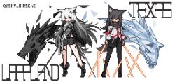 Rule 34 | 2girls, animal ears, arknights, bare legs, black footwear, black hair, black legwear, black shorts, character name, commentary request, dual wielding, elite ii (arknights), energy sword, full body, gradient hair, grey hair, hair between eyes, hair ornament, hairclip, holding, lappland (arknights), long hair, looking at viewer, material growth, multicolored hair, multiple girls, open mouth, originium arts (arknights), oripathy lesion (arknights), pantyhose, pantyhose under shorts, pixel art, planted, planted sword, planted weapon, shirt, shorts, simple background, sky kirsche, standing, sword, tail, texas (arknights), transparent background, twitter username, weapon, white shirt, wolf ears, wolf girl, wolf tail