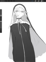 Rule 34 | 1girl, :o, arms behind back, art program in frame, black dress, capelet, collared dress, cowboy shot, dress, full-length zipper, grey background, greyscale, habit, high collar, highres, kona ming, light blush, long hair, long sleeves, looking at viewer, monochrome, nijisanji, nun, simple background, sister claire, sister claire (1st costume), solo, straight-on, traditional nun, very long hair, virtual youtuber, white capelet, zipper, zipper dress